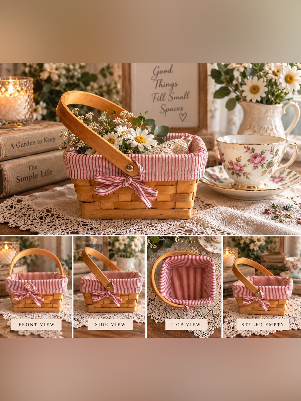 Woven Basket with red Liner and Handle